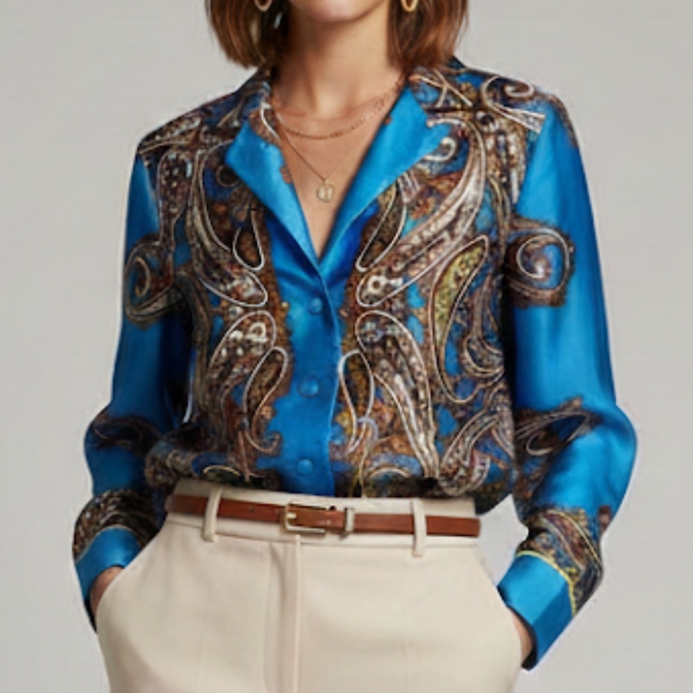 J. Crew Drapey Button Up shirt Paisley Print Size XXS Blue Silky Artsy EUC
